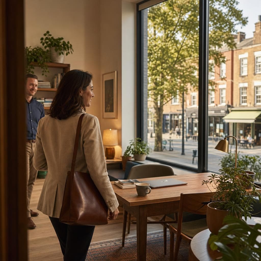 A local professional arriving at a prepared desk inside a welcoming independent office.