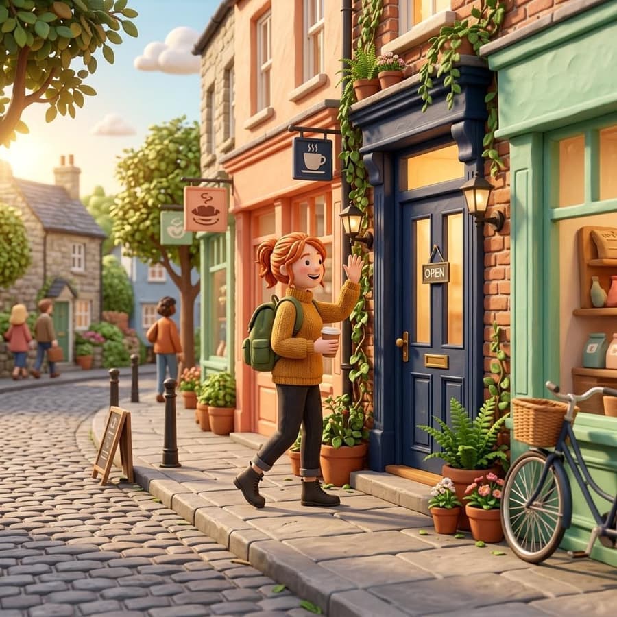 Illustration: a Desk Hero arriving at a welcoming local workplace on a leafy high street