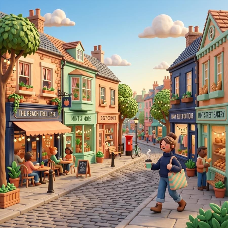 Illustration: a sunny local high street with independent shops and a person carrying a takeaway coffee